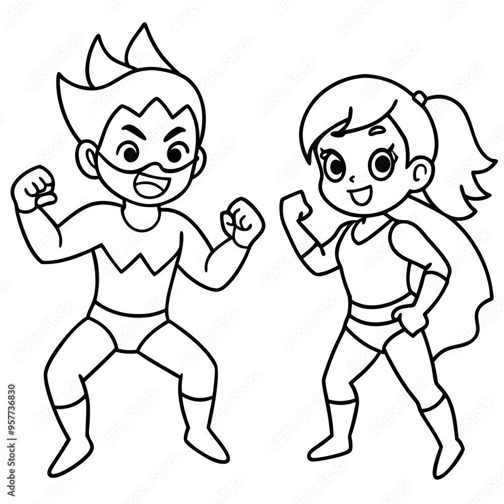 Superhero kids in battle poses, ready to fight evil Superhero kids in battle poses, ready to fight evil