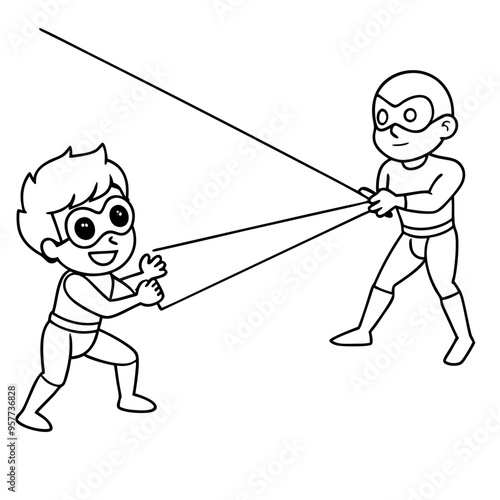 Superhero kids using laser vision to defeat a villain