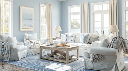 Serene Coastal Retreat. Coastal-inspired living room with light blue walls, white furniture, and nautical decor photo