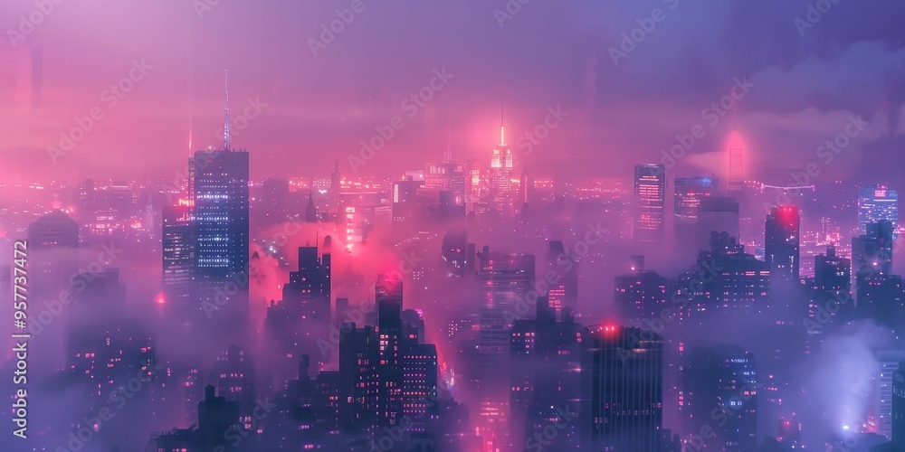 Night cityscape with foggy atmosphere and glowing lights, creating a mysterious and enchanting urban scene Night cityscape with foggy atmosphere and glowing lights, creating a mysterious and enchanting urban scene