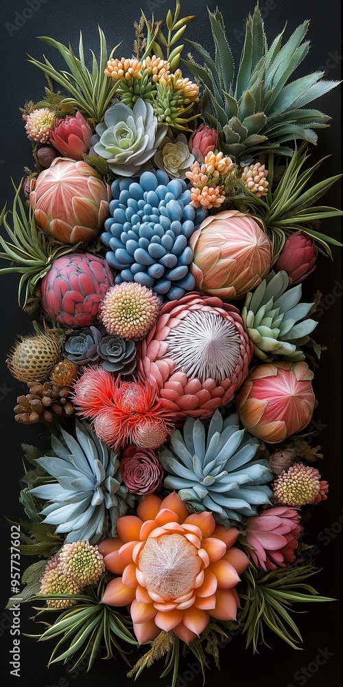 Fototapeta premium Digital painting of vibrant succulent plants and colorful flowers with dark background