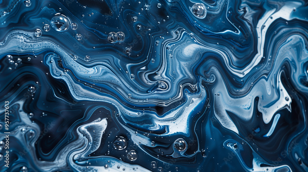 Abstract fluid art with swirling blue and white patterns and bubbles Abstract fluid art with swirling blue and white patterns and bubbles