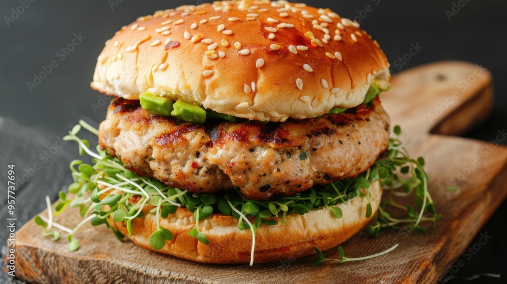Healthy Turkey Burger with Avocado and Fresh Sprouts on a Sesame Bun, Perfectly Grilled for a Delicious and Nutritious Meal Healthy Turkey Burger with Avocado and Fresh Sprouts on a Sesame Bun, Perfectly Grilled for a Delicious and Nutritious Meal