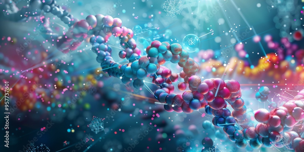 Detailed illustration of a protein molecule with colorful atoms and bonds, set against a backdrop of scientific data streams Detailed illustration of a protein molecule with colorful atoms and bonds, set against a backdrop of scientific data streams