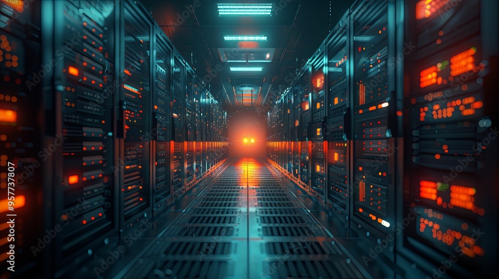 A View down the Hallway of a Server Room A View down the Hallway of a Server Room