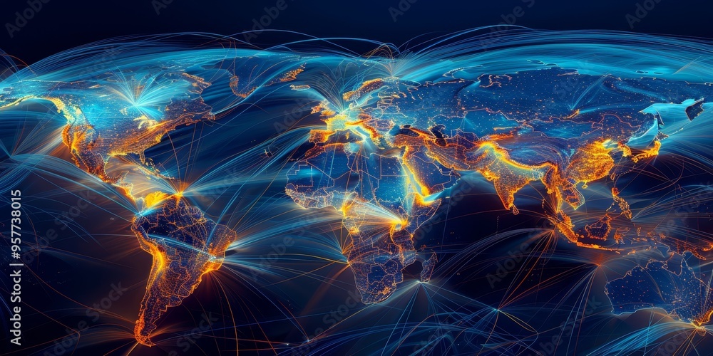 A global network of air travel routes on a world map, illustrating aviation connectivity and international flights A global network of air travel routes on a world map, illustrating aviation connectivity and international flights