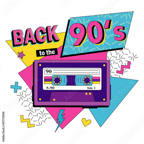 Back in to 90's. Forever young. The 90's style label. Let's go retro party 90's. Vector illustration
