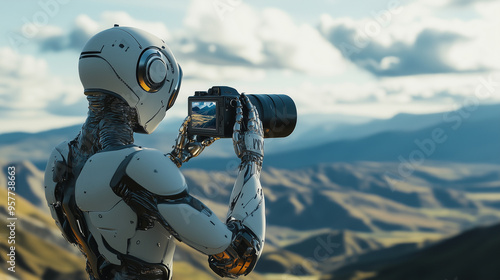 A robot using a DSLR camera to take a picture of a beautiful landscape
