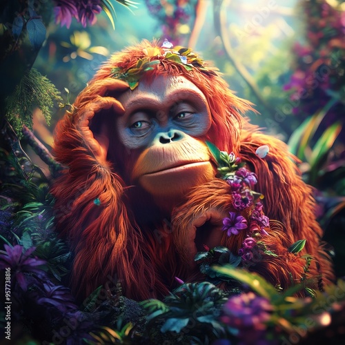 Majestic 3D Orangutan in Enchanted Jungle - Tranquil Beauty in Hyper Realistic Fantasy Style photo