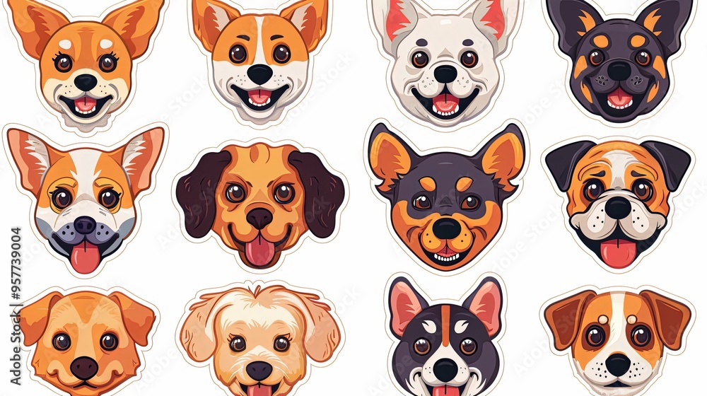 Twelve Cartoon Dog Faces with Smiling Expressions Twelve Cartoon Dog Faces with Smiling Expressions