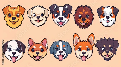 Cartoon Dog Faces with Various Breeds and Expressions