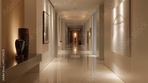 Modern Minimalist Hallway with Sleek Recessed Lighting and Artful Decor