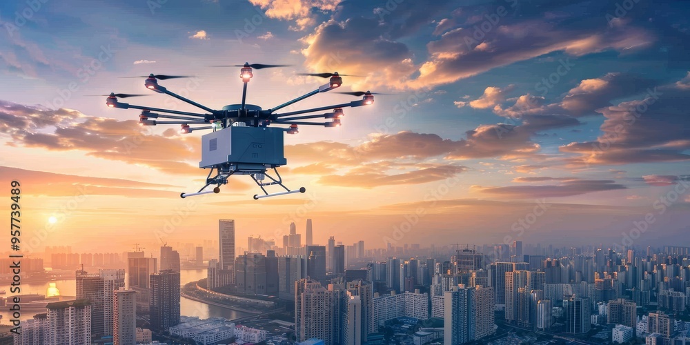 Autonomous drone delivery service concept with city skyline in background, illustrating technology in logistics Autonomous drone delivery service concept with city skyline in background, illustrating technology in logistics