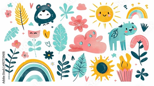 Colorful Hand-Drawn Illustrations of Animals, Flowers, and Nature Elements