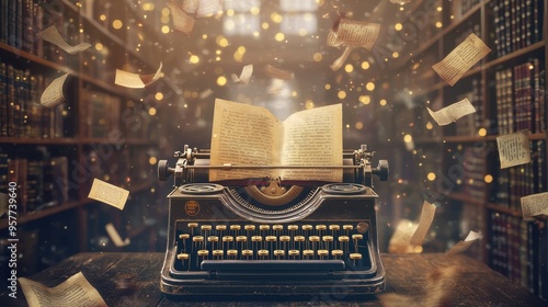 Vintage Typewriter With Flying Papers in a Library