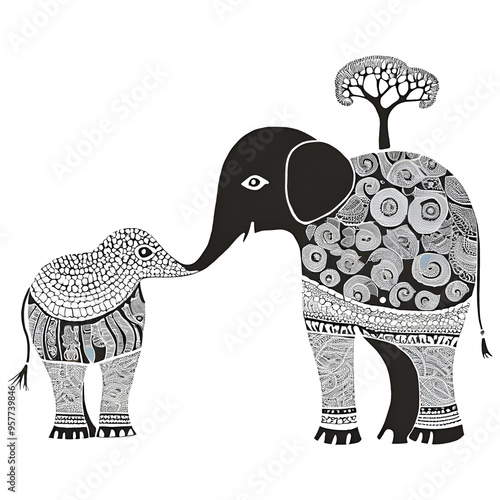 Artistic image of an ancient Thai elephant mixed with Indian art.