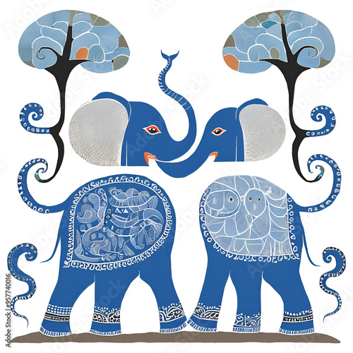 Artistic image of an ancient Thai elephant mixed with Indian art.