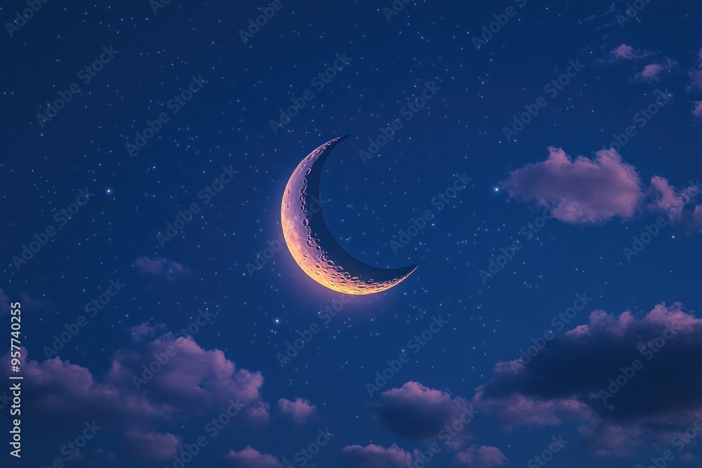 Crescent Moon and Stars in a Night Sky with Clouds Crescent Moon and Stars in a Night Sky with Clouds