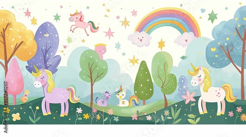 Unicorns in a magical forest with a rainbow and stars