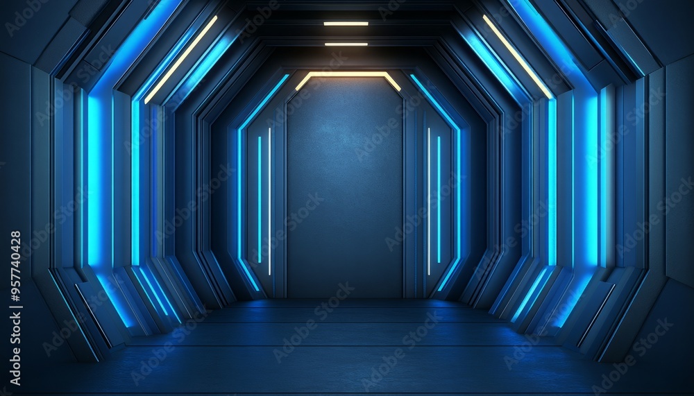 Fototapeta premium Futuristic Blue and White Lit Corridor with a Door at the End
