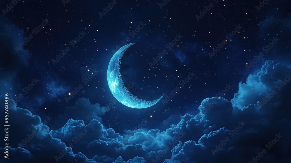 A crescent moon in a night sky with clouds and stars A crescent moon in a night sky with clouds and stars