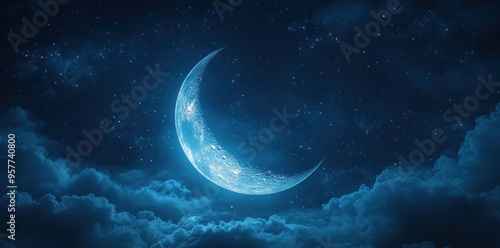 Crescent Moon in a Night Sky with Clouds and Stars