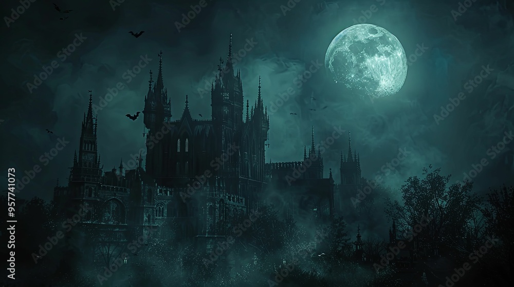 A Silhouetted Gothic Castle Under a Full Moon A Silhouetted Gothic Castle Under a Full Moon