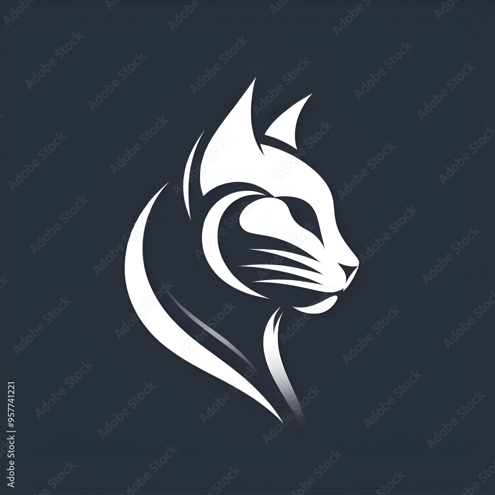 Obraz premium Create a simple, elegant silhouette of a cat's head. The silhouette should feature smooth, flowing lines to capture the distinct shape of a cat’s ears, eyes, and whiskers, without any internal details