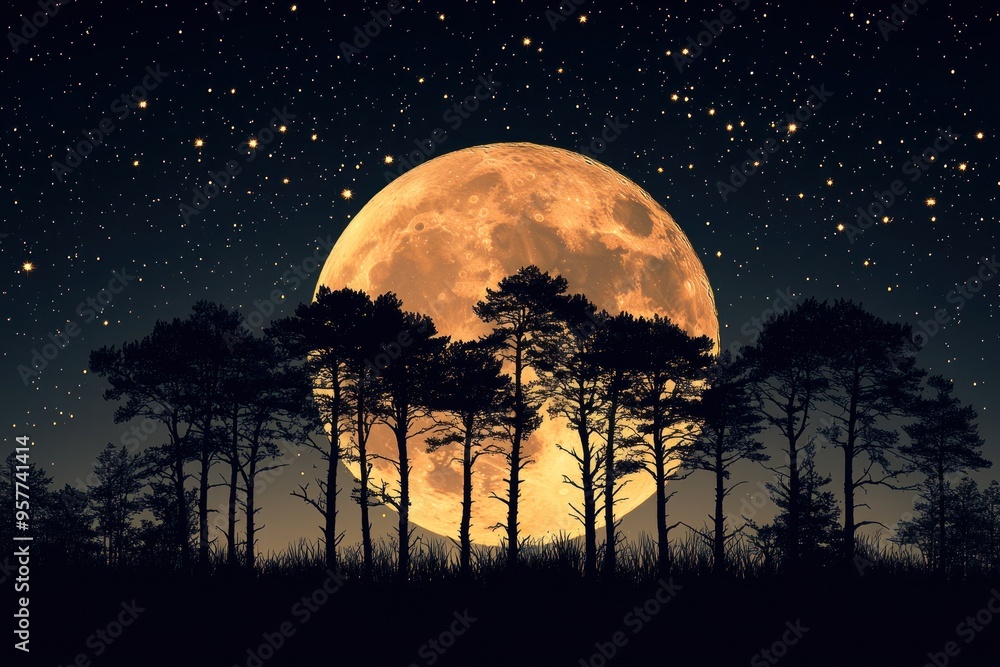 Silhouetted Trees Under a Full Moon and a Starry Night Sky Silhouetted Trees Under a Full Moon and a Starry Night Sky