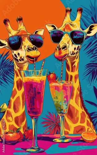 Two giraffes wearing sunglasses and drinking from glasses of colorful drinks photo