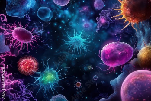 Colorful and abstract representation of microorganisms in a vibrant cosmic background, showcasing the beauty of cellular life.