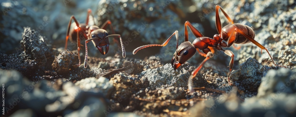 Busy ant carrying food to underground nest, 4K hyperrealistic photo