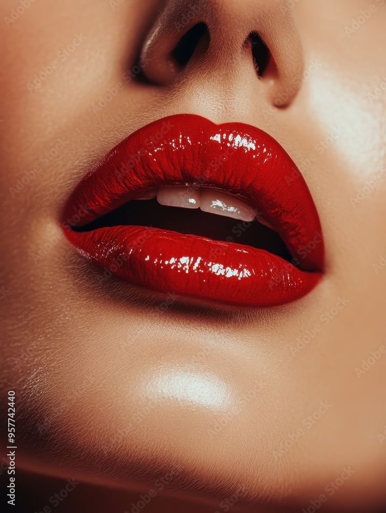 Fototapeta premium A woman's lips are painted red and she is smiling