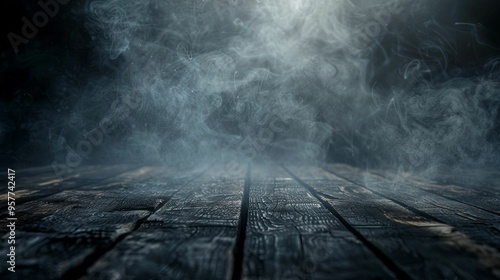 Dark Wooden Planks with Wispy Smoke in a Mysterious Atmosphere