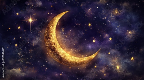 A Golden Crescent Moon and Stars in a Night Sky