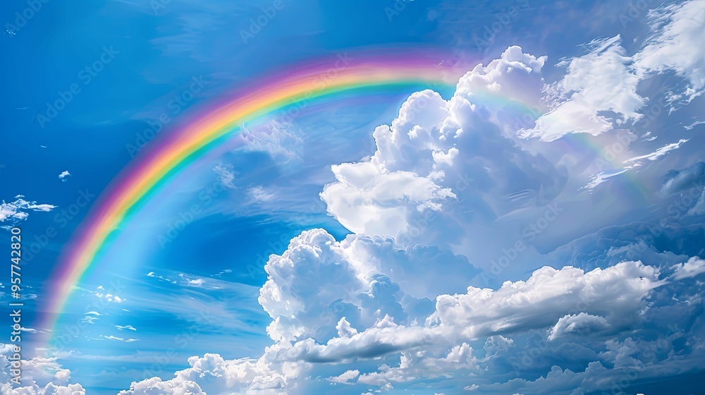 A Rainbow Arcing Through a Blue Sky with Puffy White Clouds A Rainbow Arcing Through a Blue Sky with Puffy White Clouds