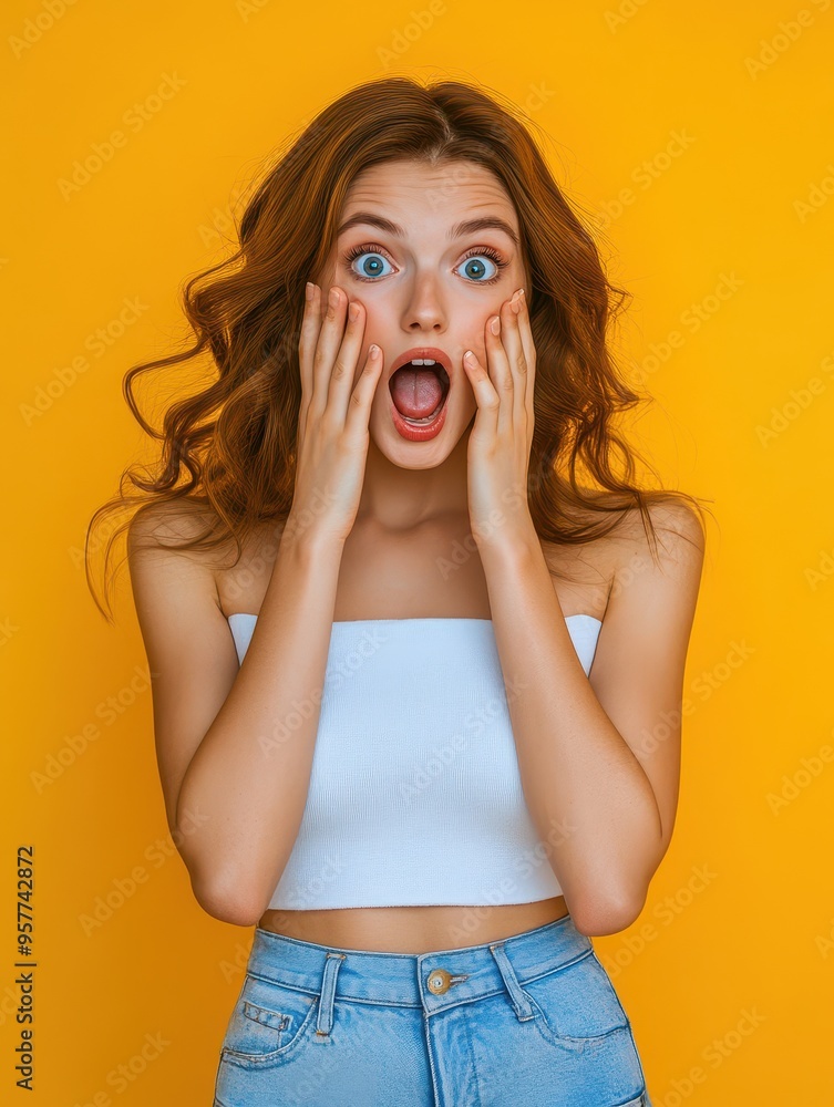 A woman with long brown hair and a white top is screaming A woman with long brown hair and a white top is screaming