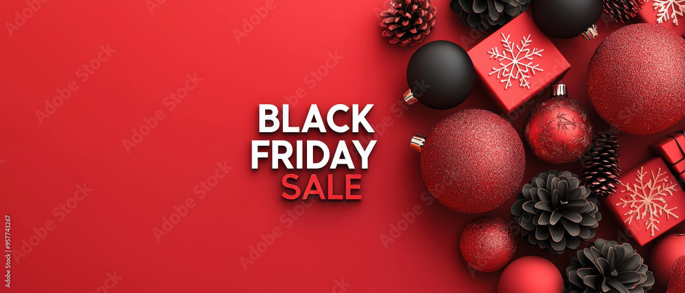 Bright red Black Friday sale banner with festive decoration including pine cones, baubles, and gift boxes for holiday promotions. Bright red Black Friday sale banner with festive decoration including pine cones, baubles, and gift boxes for holiday promotions.