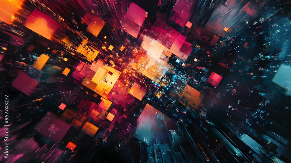 Fototapeta premium Abstract digital art with glowing squares and lines in a dark background.