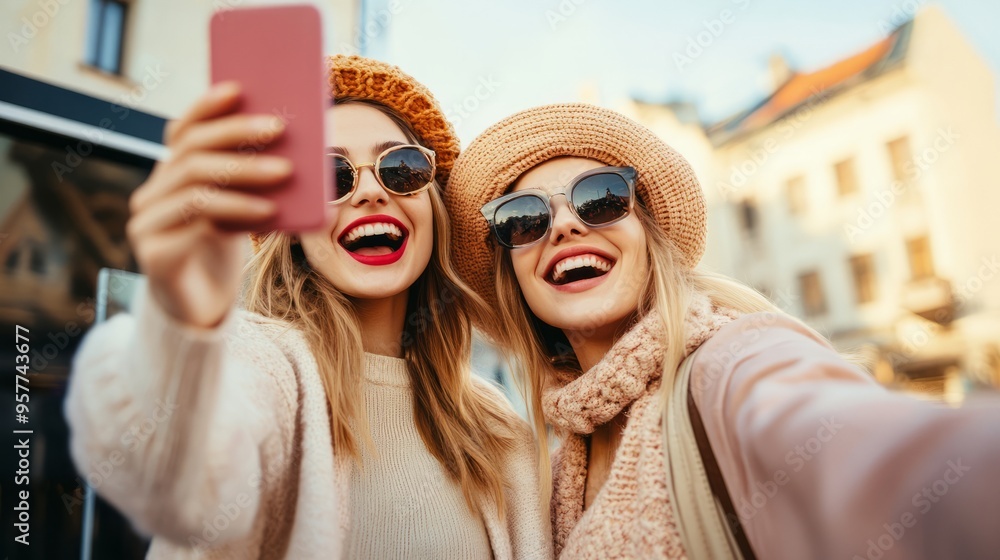 Photo of delighted pretty women taking selfie photo on cellphone Photo of delighted pretty women taking selfie photo on cellphone