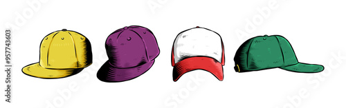 Set hand drawn vintage engraving of baseball cap, trucker hat. Isolated on white background. Colored vector illustration.