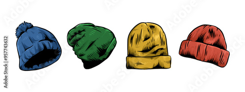 Set hand drawn vintage engraving of beanie hat, winter hat. Isolated on white background. Colored vector illustration.