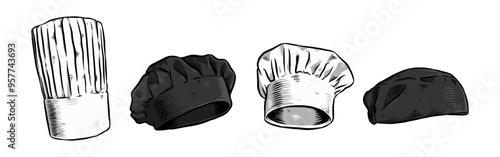 Set hand drawn vintage engraving of chef hat. Isolated on white background. Colored vector illustration.