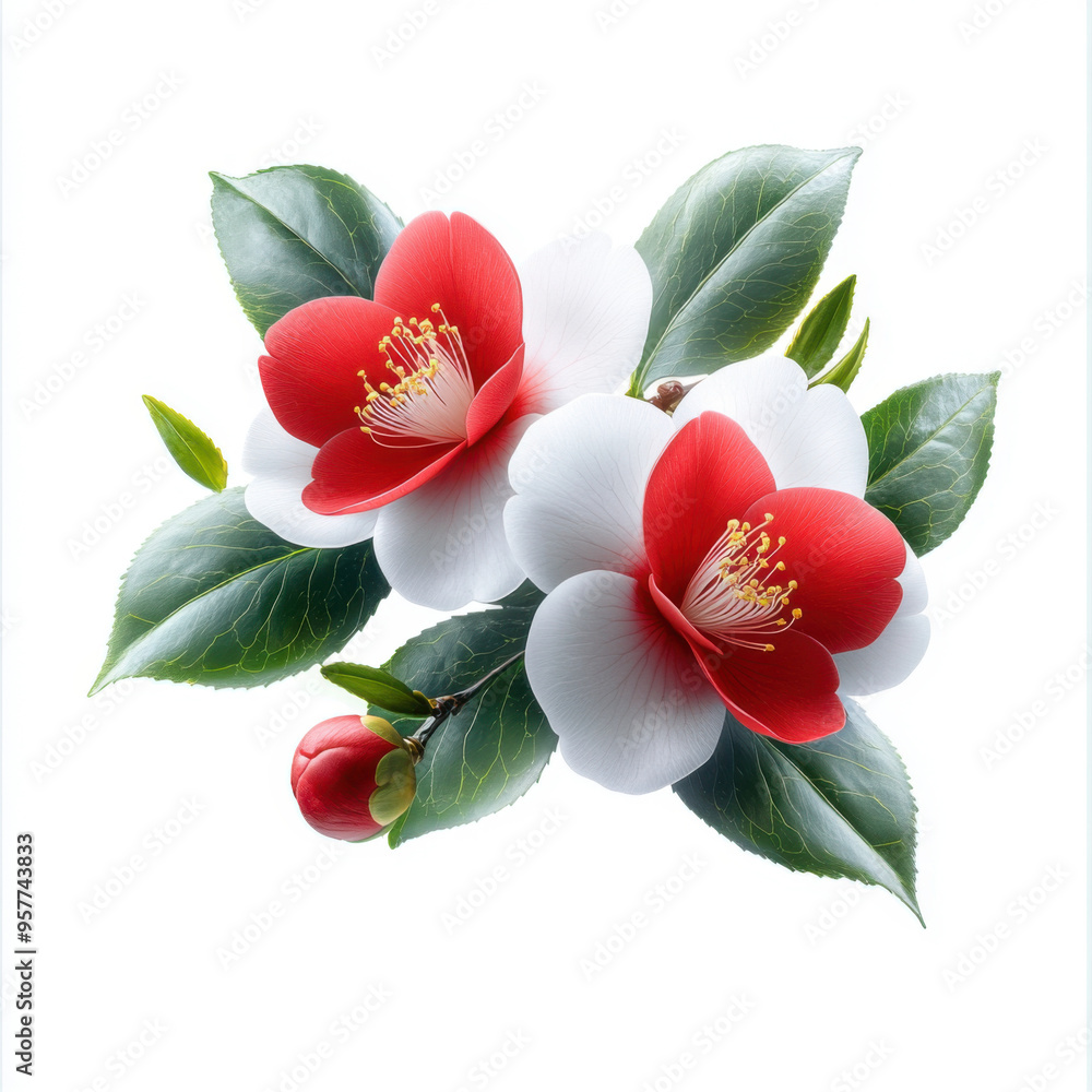 Obraz premium Beautiful camellia flowers with red and white petals, showcasing detailed leaves on a white background, ideal for floral design.