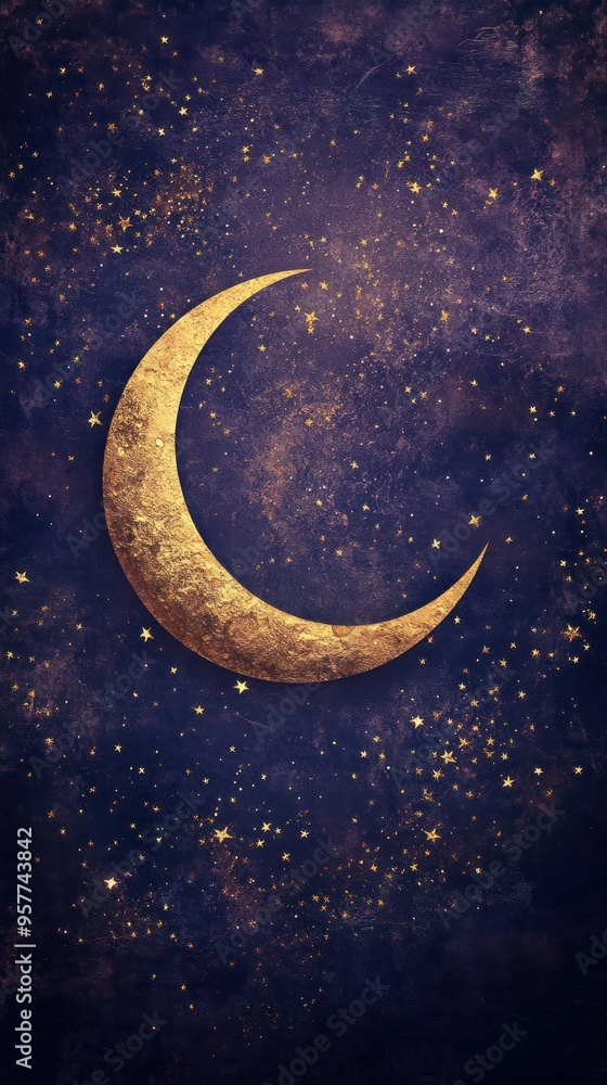 Golden Crescent Moon Against a Starry Night Sky Golden Crescent Moon Against a Starry Night Sky