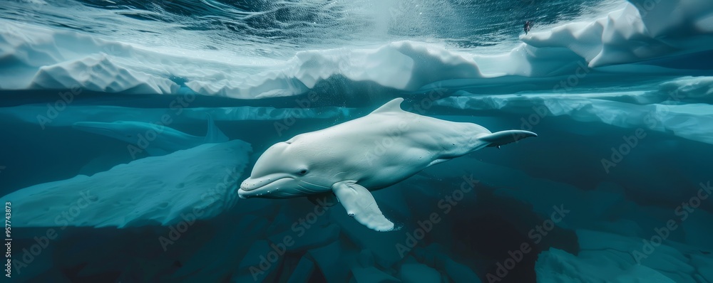 Naklejka premium Serene beluga whale diving in Arctic seas, 4K hyperrealistic photo