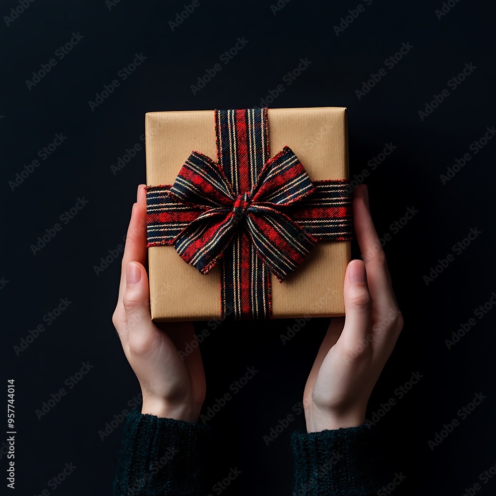 A cheerful person presenting a gift box tied with a plaid ribbon, set against an isolated dark navy background, with plenty of blank space available for adding Christmas text A cheerful person presenting a gift box tied with a plaid ribbon, set against an isolated dark navy background, with plenty of blank space available for adding Christmas text