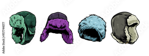 Set hand drawn vintage engraving of winter trapper hat, earflaps, ushanka. Isolated on white background. Colored vector illustration.