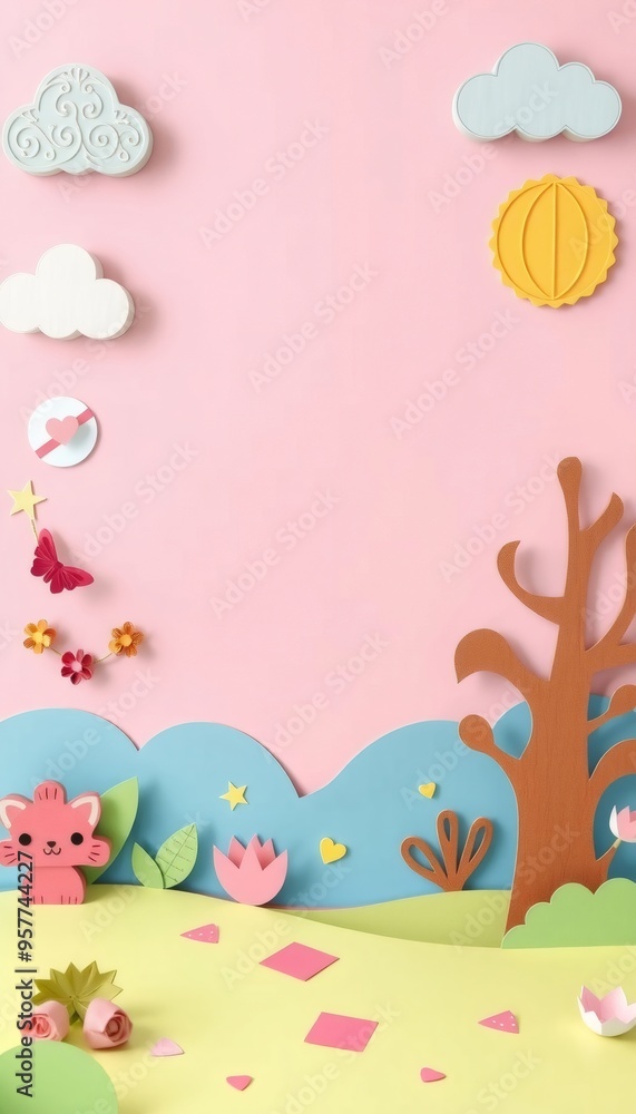 Paper craft of a pink, blue, yellow, and green landscape with a cat and a tree. Paper craft of a pink, blue, yellow, and green landscape with a cat and a tree.