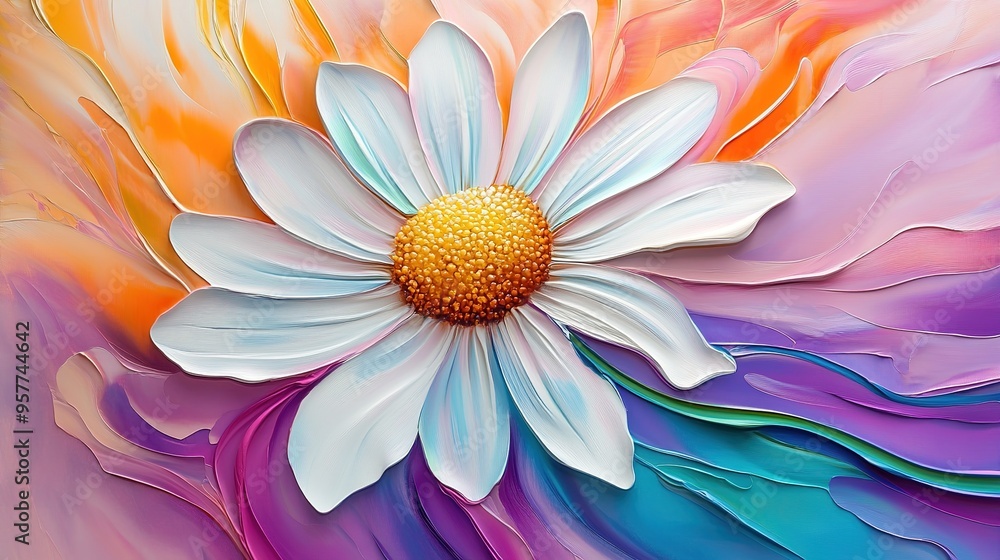 Obraz premium 3D oil painting of a daisy with colorful stems, featuring a soft and cute aesthetic. The image captures the delicate beauty of the daisy with a vibrant array of stems, rendered in a rich,